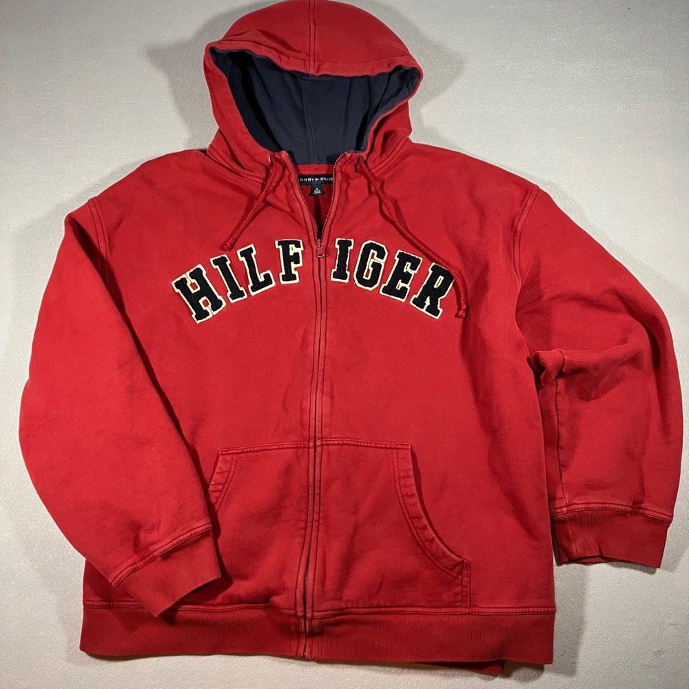 Tommy Hilfiger Mens XL  Red Full Zip Hoodie Arched Logo Fleece TG/XG Embroidery